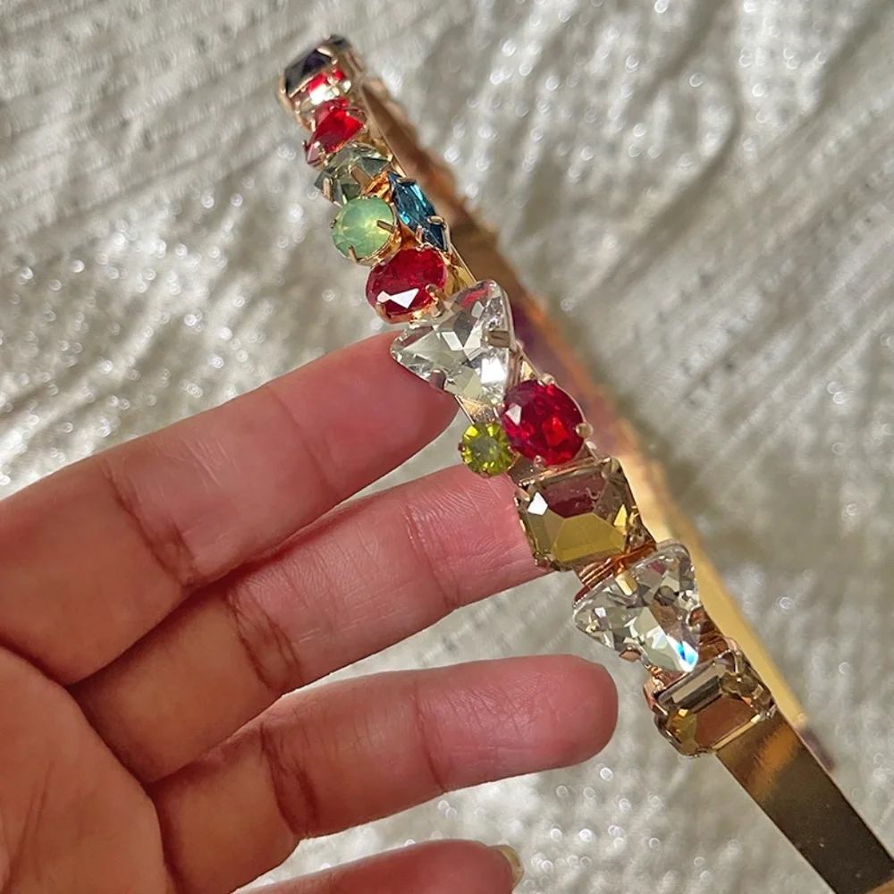 Chunky Multicolor Crystal Statement Headband Gold Jewel Tone Hairband OS